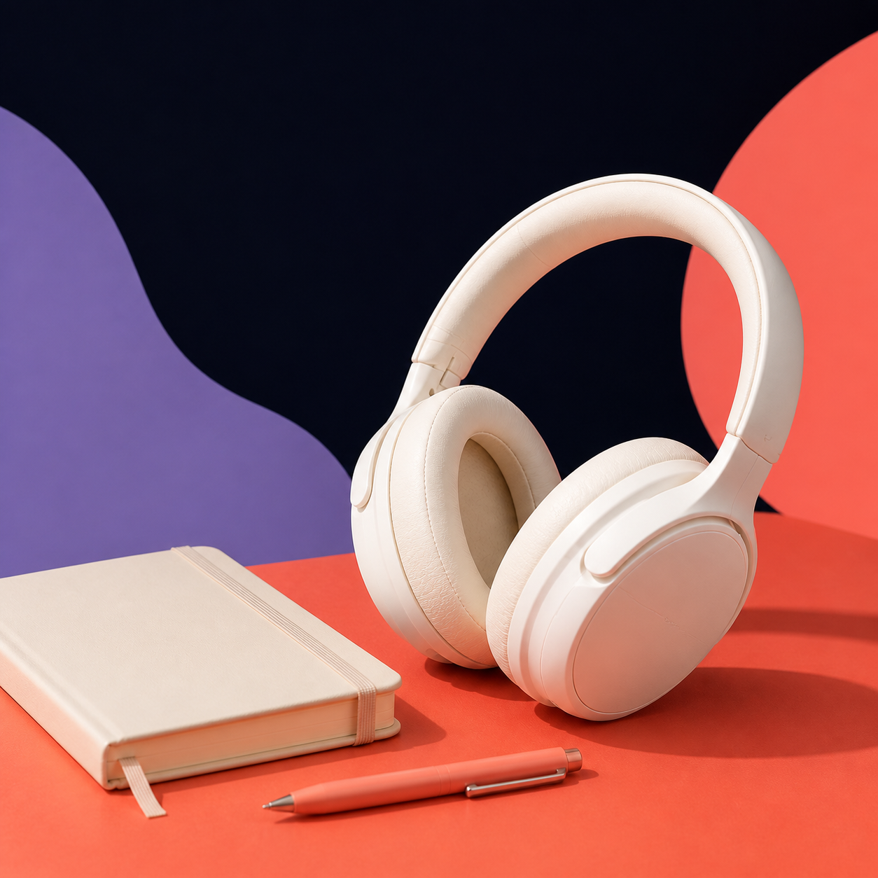White headphones and notebook on a coral surface