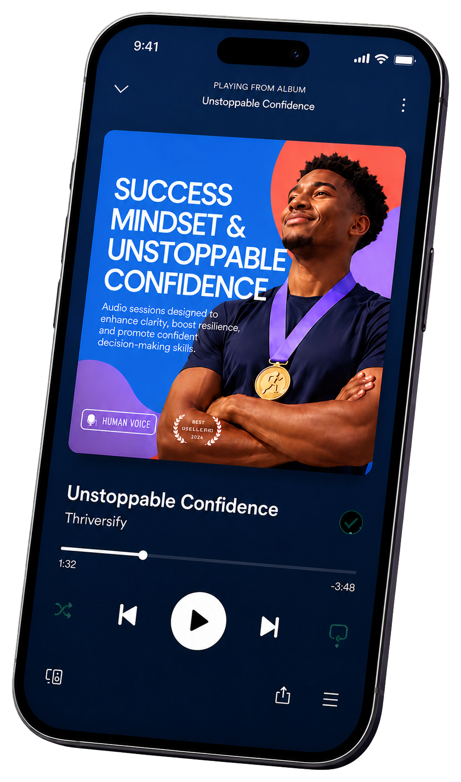 Phone displaying a Thriversify confidence audio