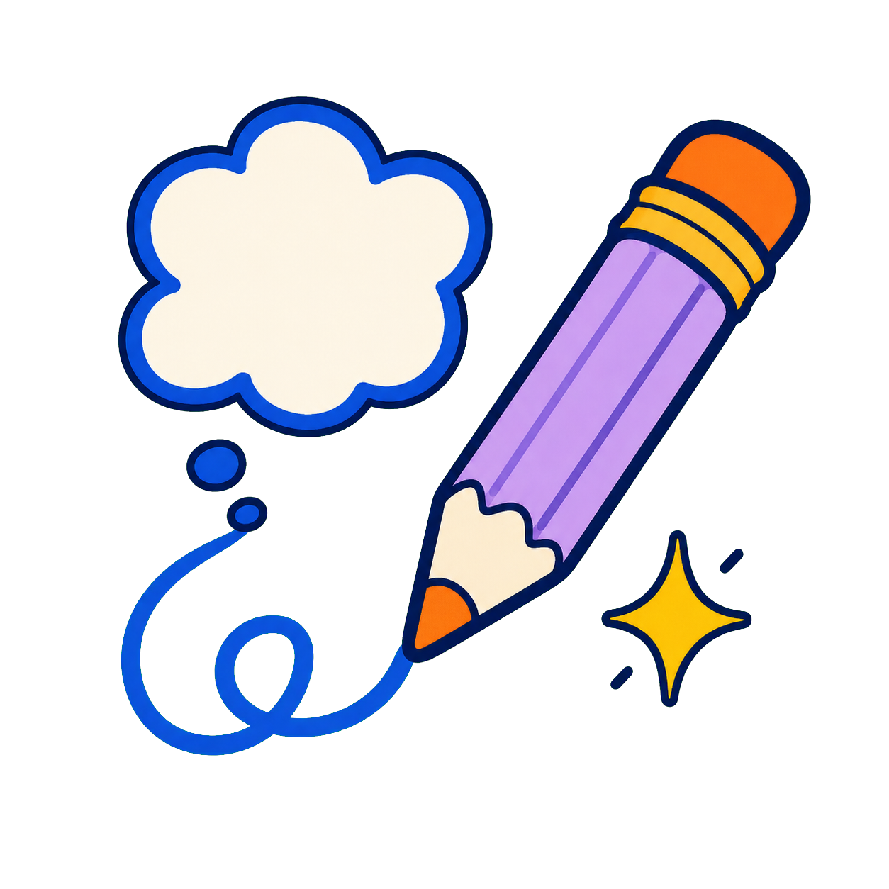Lilac pencil drawing a flowing line beside a thought cloud